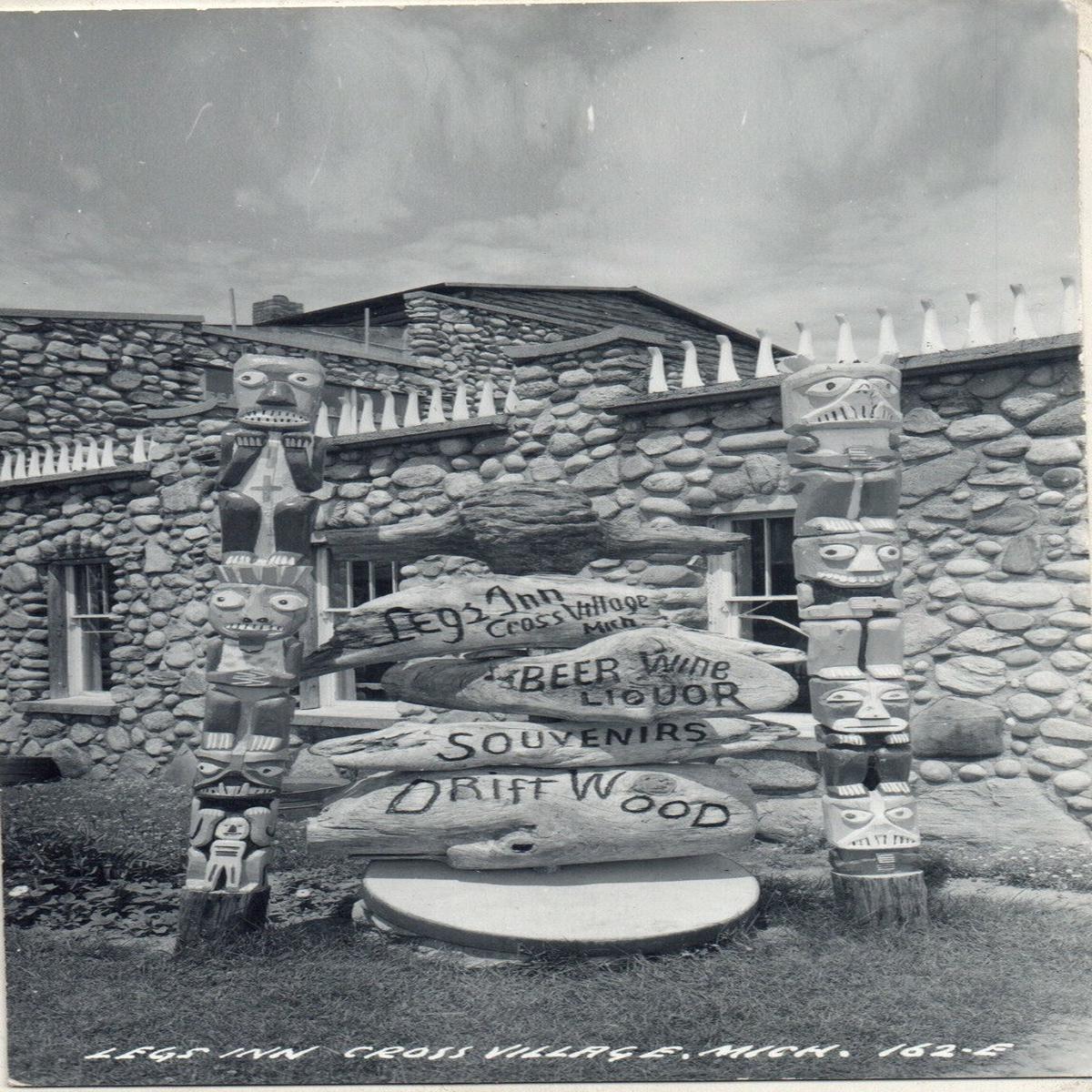 Real Photo Legs Inn Cross Village Michigan MI Postcard Statue and Totem Poles