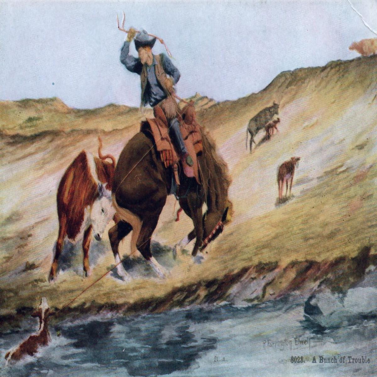 Artist Signed "A Bunch of Trouble" Cowboy Riding Bucking Horse Western Postcard