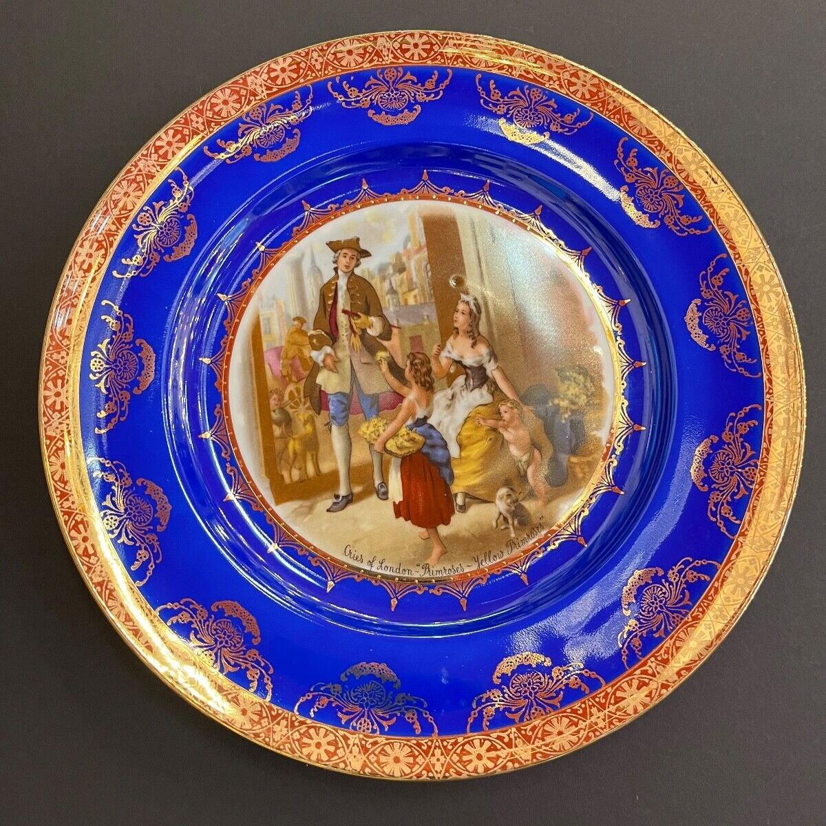 """Vintage Bavaria Cries of London """"Primroses - Yellow Primroses"""" Blue/Gold Plate"""