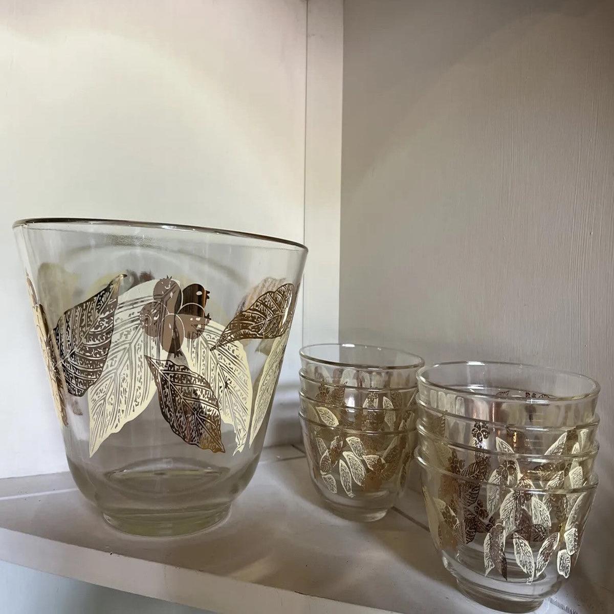 Vintage MCM Chip n Dip Glass Salad Bowl Set Gold Leaf/Olive Design