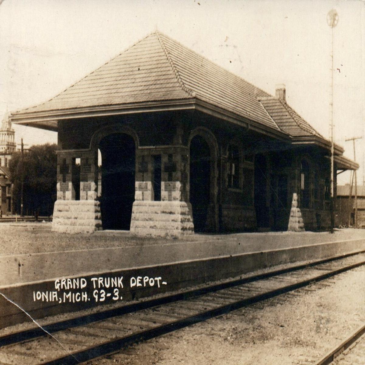 1910 Real Photo Grand Trunk Railroad Train Depot Ionia MI Michigan Postcard